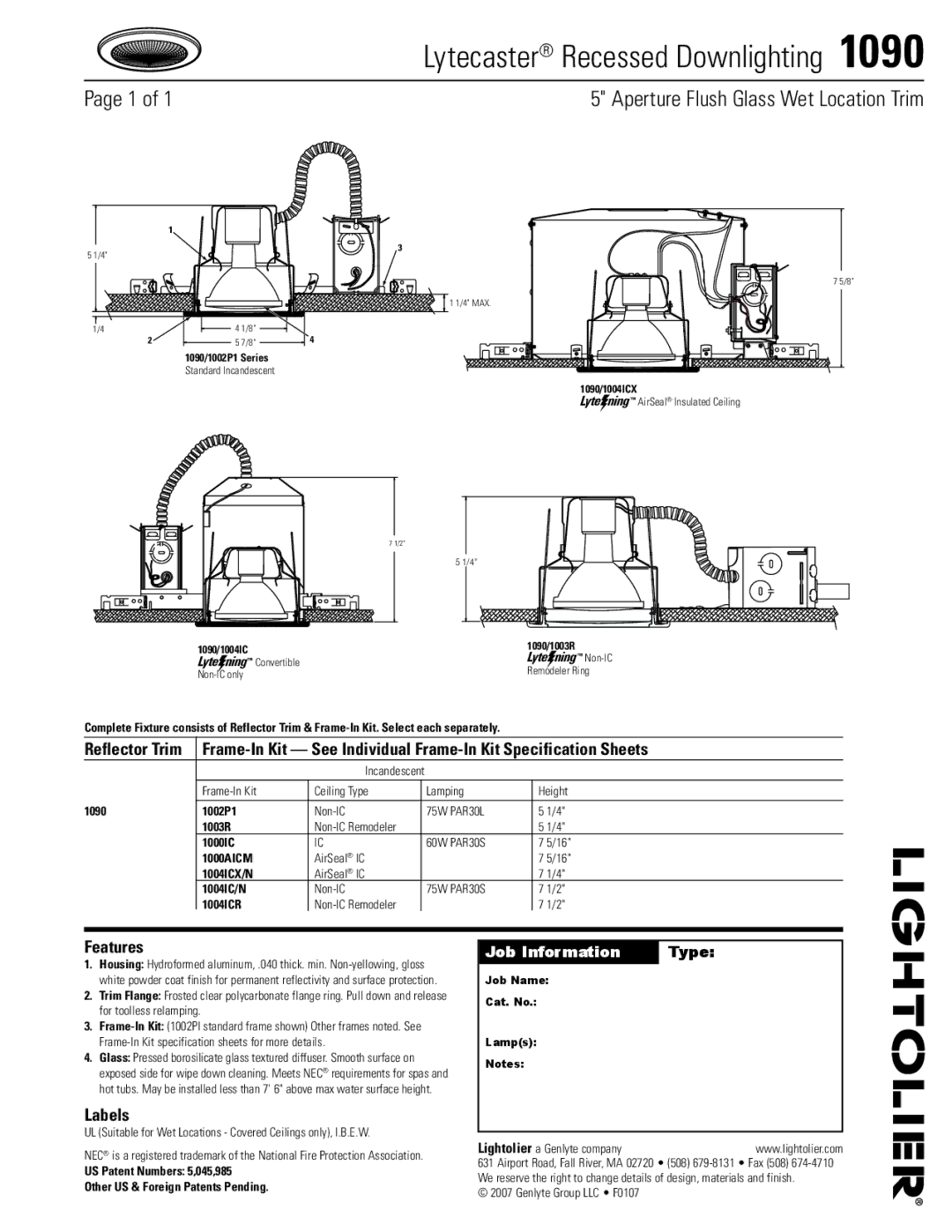 Lightolier 1090 specifications Lytecaster Recessed Downlighting , Aperture Flush Glass Wet Location Trim, Features, Labels 